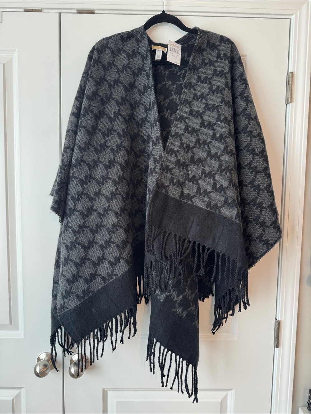 Michael Kors Gray & Black MK logo Fringe Poncho